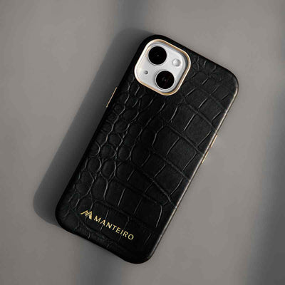 Crocodile iPhone 13 Leather Case in Black #color_black