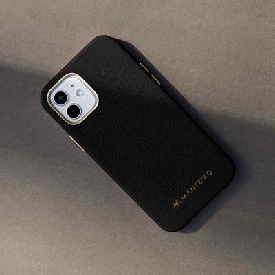 Grain Embossed Leather iPhone 12 Case in Black #color_black