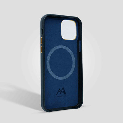 Classic Leather iPhone 12 Case in Cookie Dough #color_charcoal-blue