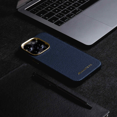 Grain Embossed Leather iPhone 14 Pro Case in Dark Blue #color_dark-blue