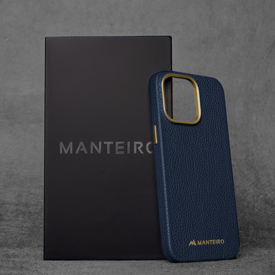 Grain Embossed Leather iPhone 14 Pro Max Case in Dark Blue #color_dark-blue