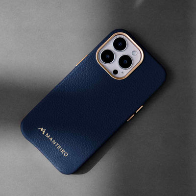 Grain Embossed Leather iPhone 13 Pro Max Case in Dark Blue #color_dark-blue